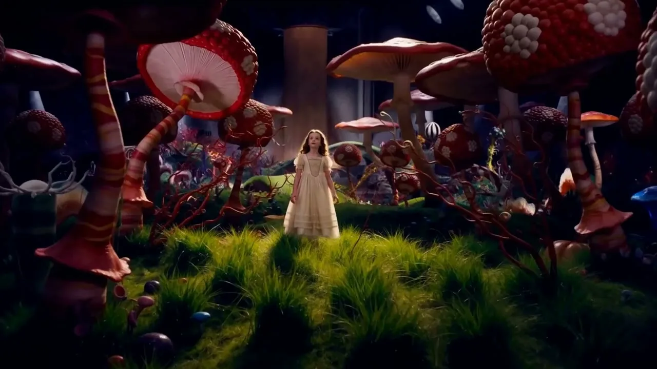 A girl in a white dress in a glade of giant red mushrooms
