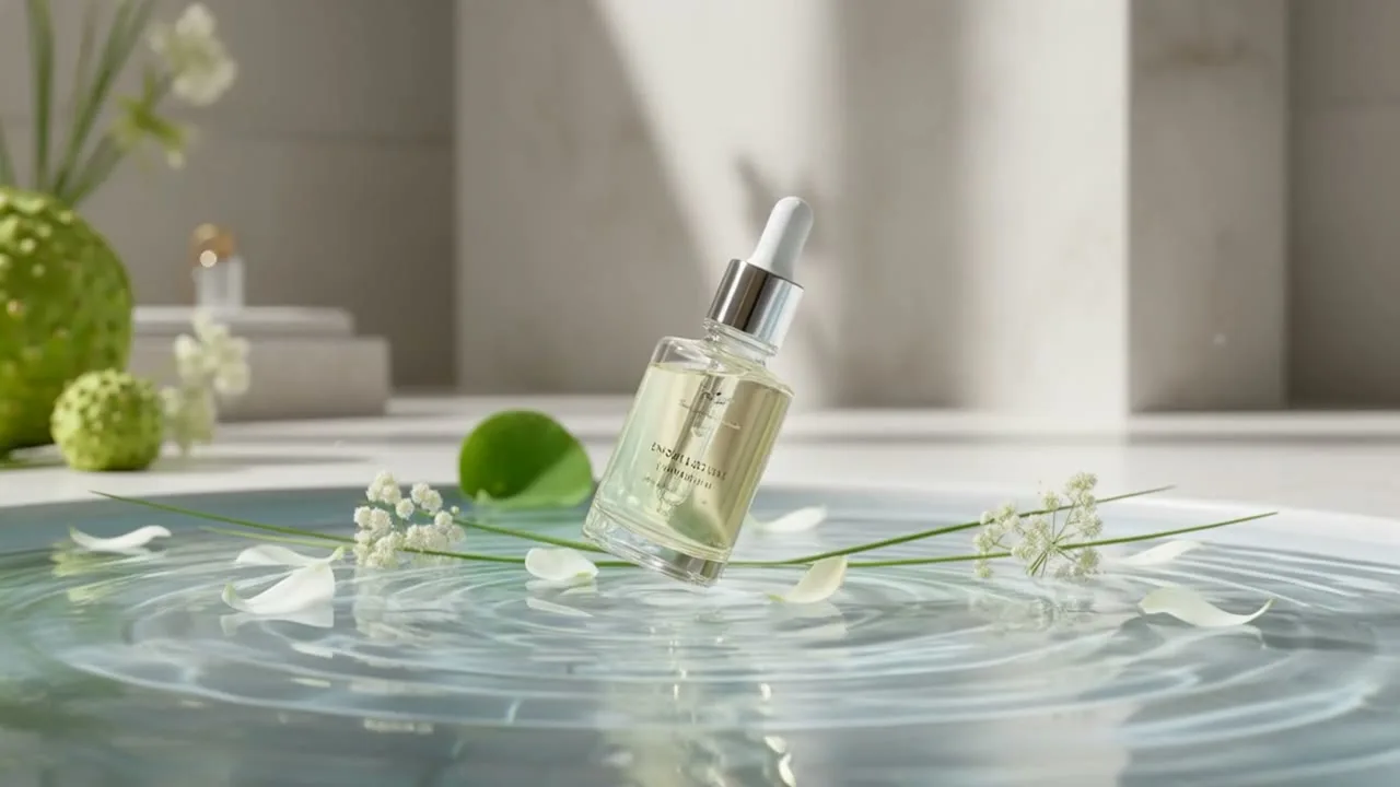 A serum bottle standing on water with lime slices and jasmine