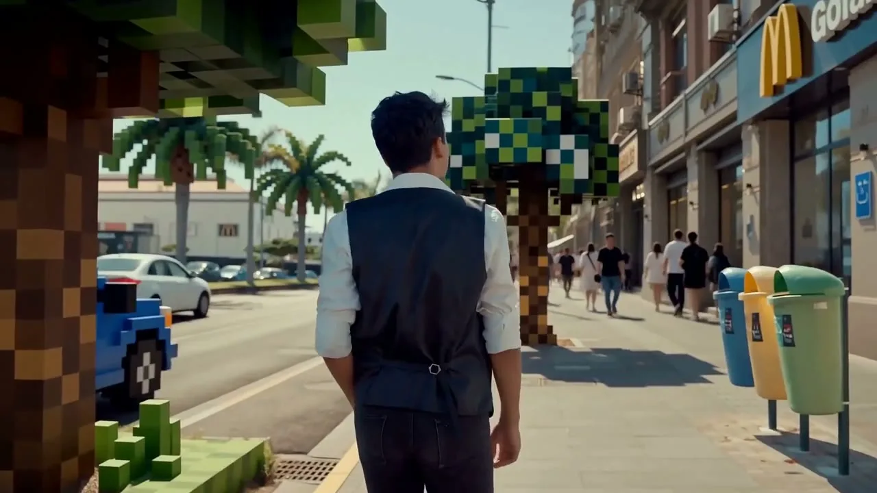 A man walking down a sunny street where the trees are voxel blocks